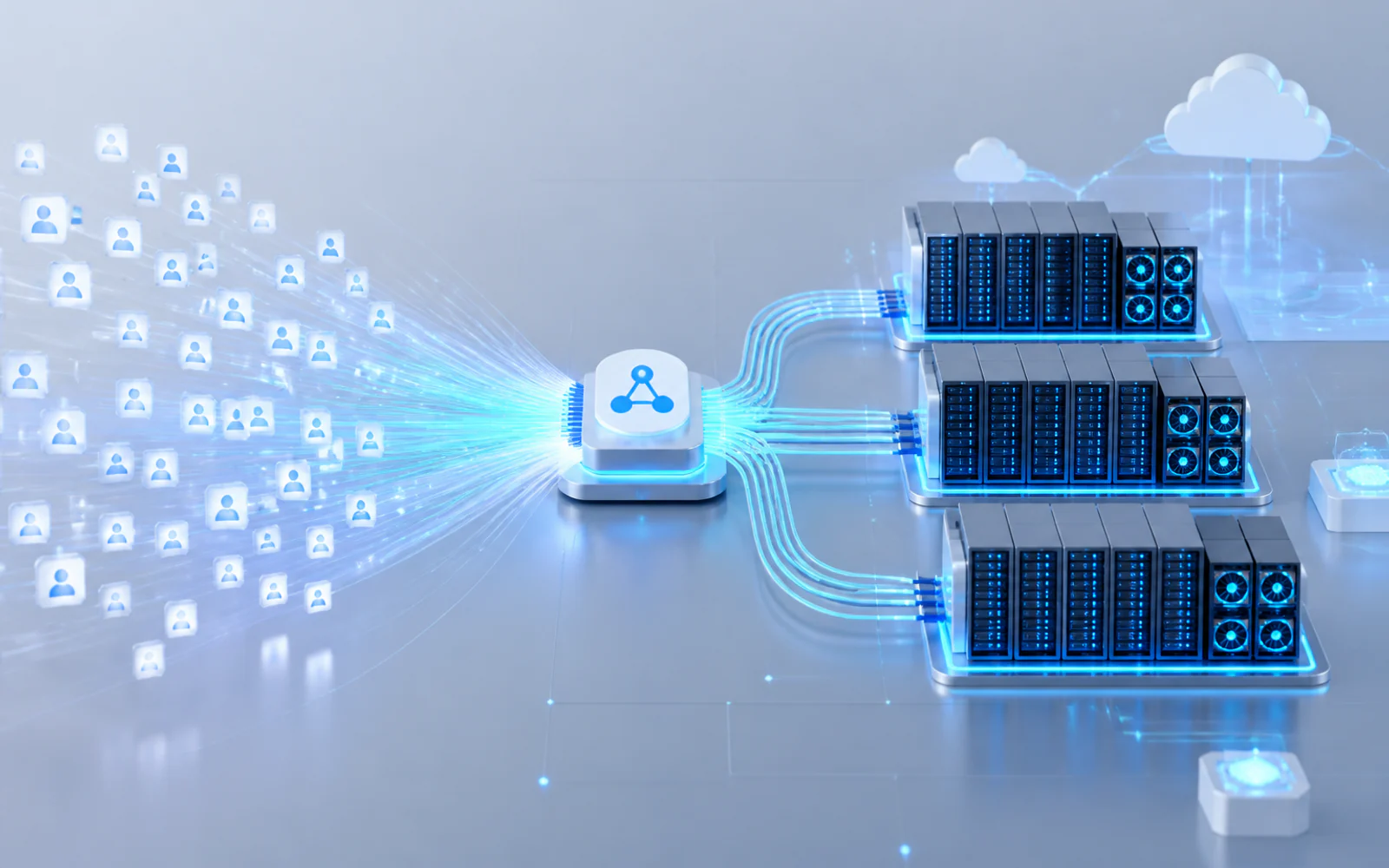 AI 推理服务在流量增长时通过负载均衡连接多台 GPU 云服务器进行弹性扩容