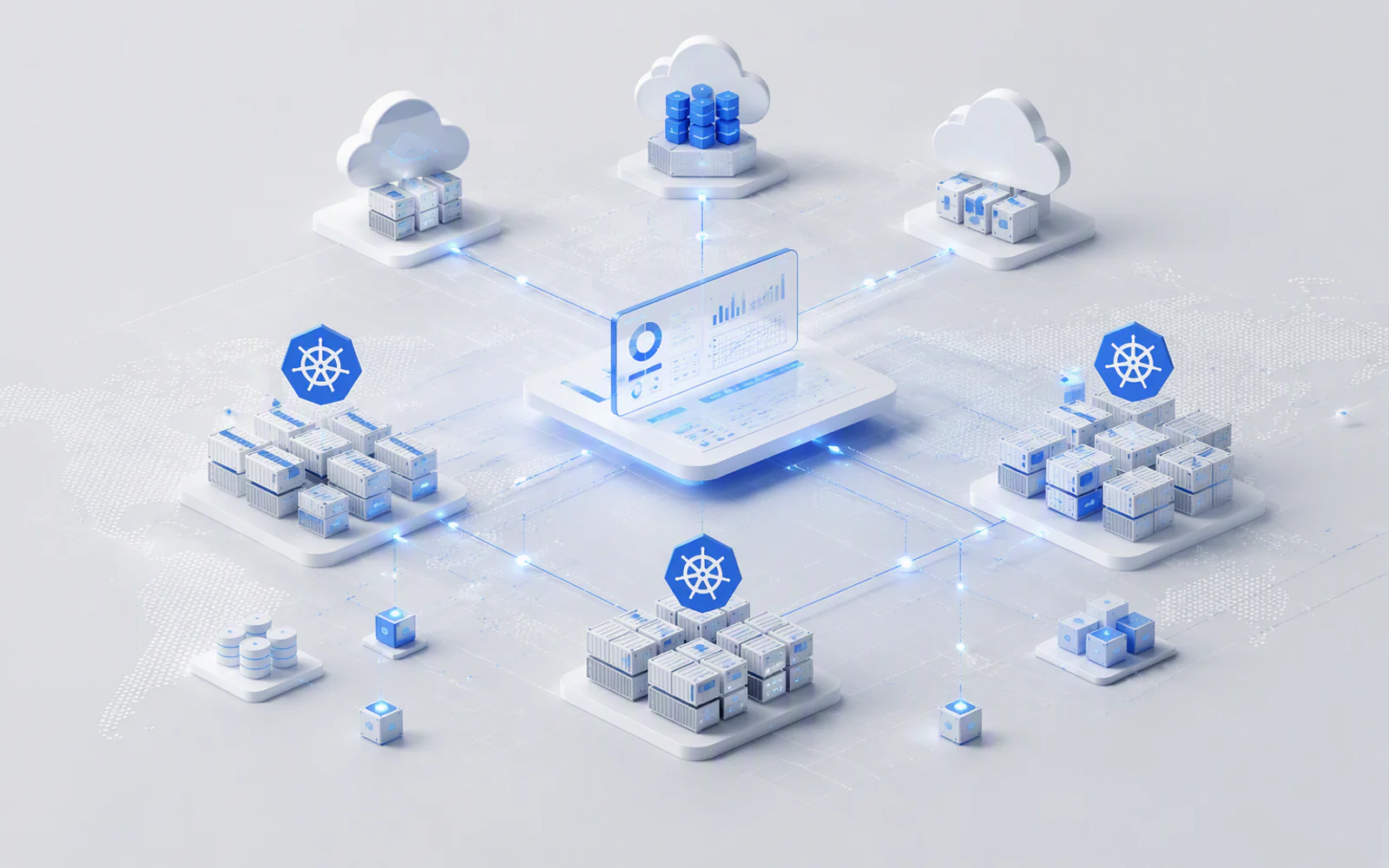 多云环境中的 Kubernetes 集群、云服务器和监控面板示意图